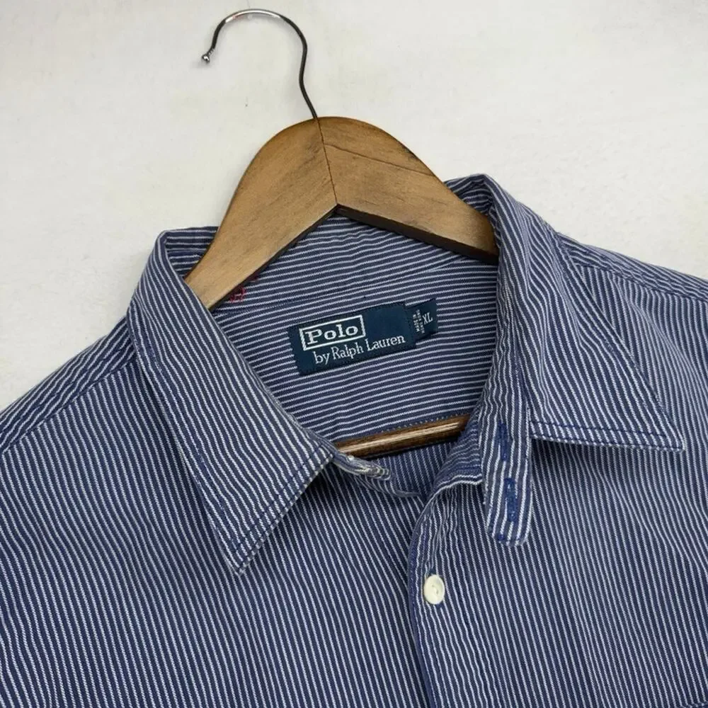 Vintage Ralph laure Shirt Men's XL Blue White Striped PRL Chinstrap Work Pocket